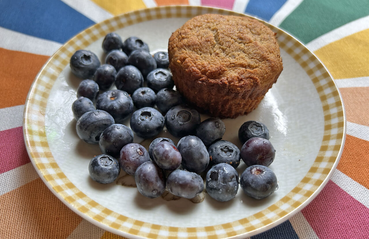 Tigernut Muffin and blueberries on a small plate